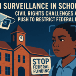 Illustration of AI surveillance in schools, depicting security cameras and digital tracking with an overlay of civil rights symbols, highlighting concerns over student privacy and federal funding restrictions.