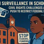 Illustration of AI surveillance in schools, depicting security cameras and digital tracking with an overlay of civil rights symbols, highlighting concerns over student privacy and federal funding restrictions.