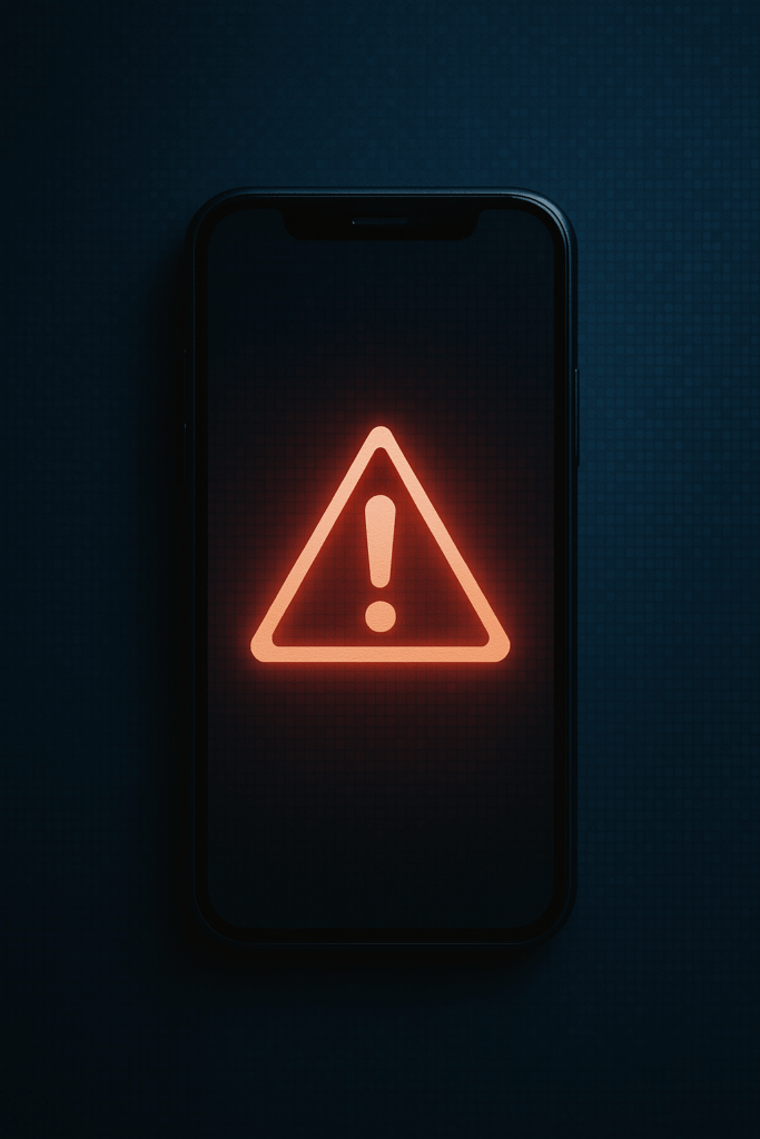Stylized smartphone displaying a red warning symbol, symbolizing the dangers of AI-generated deepfakes and digital harassment among students.