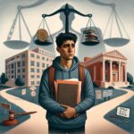 Worried pre-med student sitting outside a university building, with a shadow of a gavel and stethoscope in the background, symbolizing the intersection of Title IX investigations and medical school aspirations.