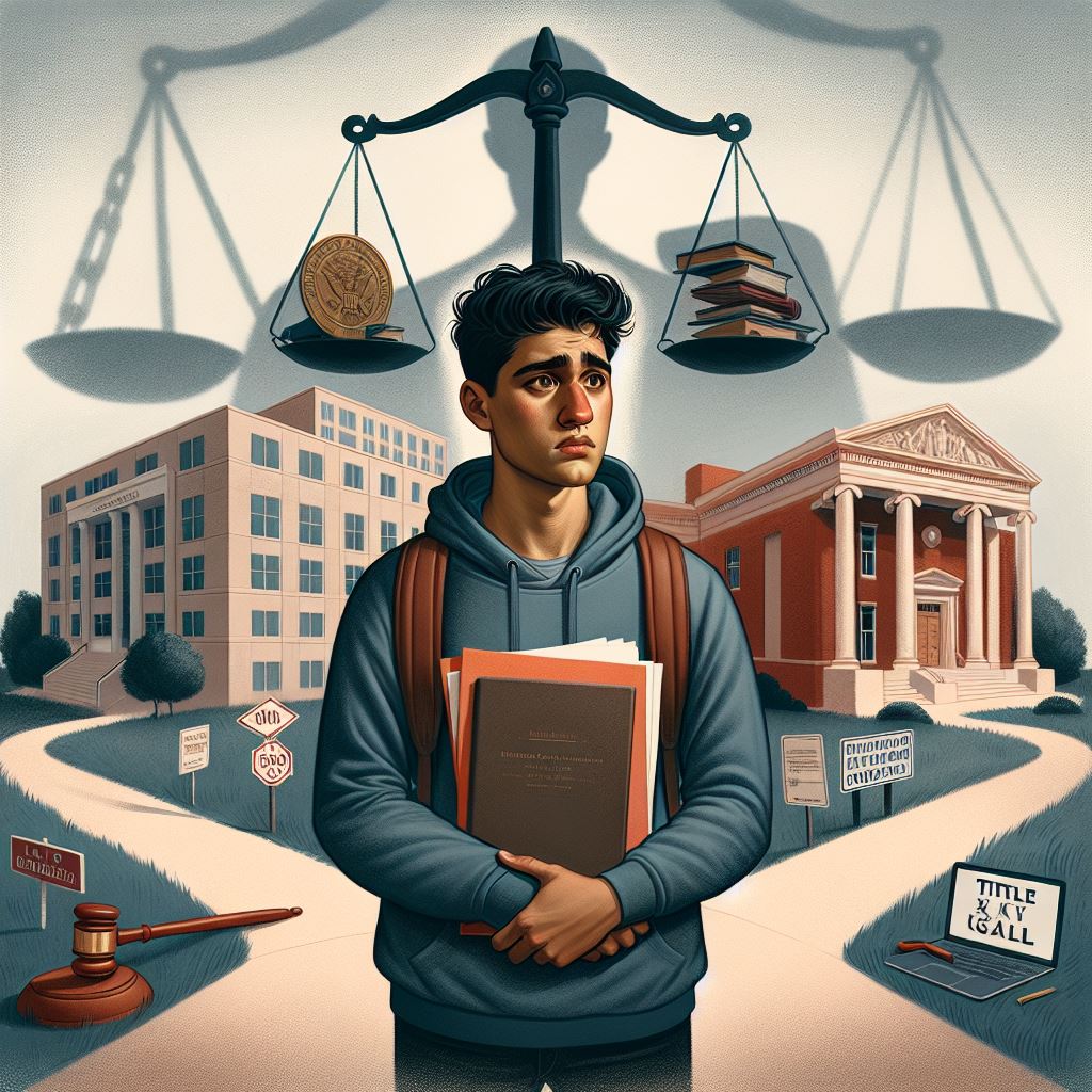 Worried pre-med student sitting outside a university building, with a shadow of a gavel and stethoscope in the background, symbolizing the intersection of Title IX investigations and medical school aspirations.