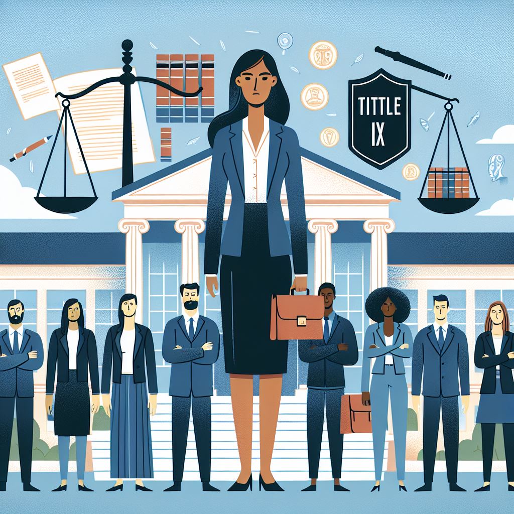 Scales of justice balanced over a university campus, symbolizing fairness and legal rights in Title IX investigations.
