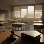 Empty New Jersey classroom with law book on student rights and gavel, symbolizing Lakewood school funding case