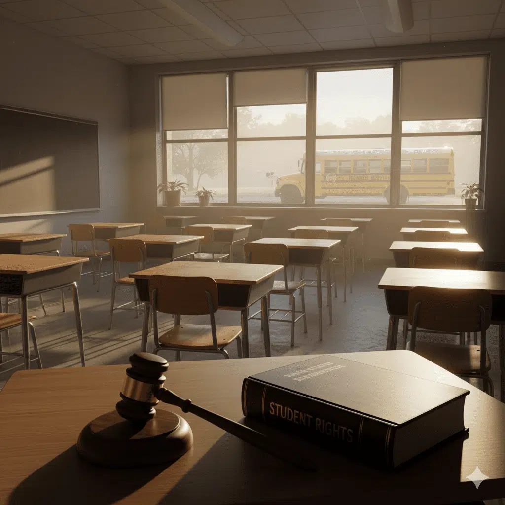 Lakewood School Funding Case and What It Means for New Jersey Families 1 Empty New Jersey classroom with law book on student rights and gavel, symbolizing Lakewood school funding case