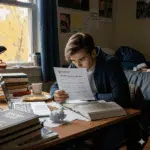 College student in New Jersey reading a disciplinary complaint letter at his dorm desk