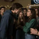 College students in a tense moment at an off-campus party, showing how universities can discipline off-campus conduct