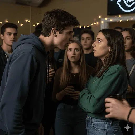 3 College students in a tense moment at an off-campus party, showing how universities can discipline off-campus conduct