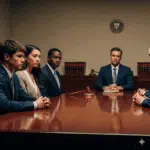 Accused student with attorney and family during a Title IX university hearing in 2025