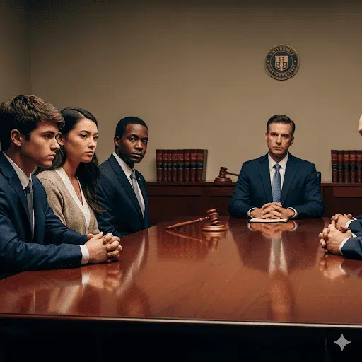 Title IX Compliance 3 Accused student with attorney and family during a Title IX university hearing in 2025